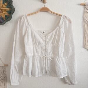 aerie White Eyelet Peplum Long-Sleeve Blouse